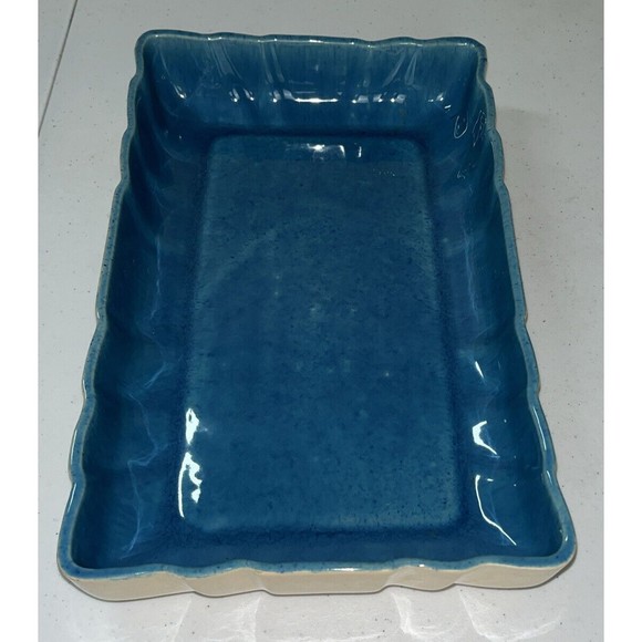 Los Angeles Potteries Rectangle Ceramic Serving Dish Turquoise/Cream #300 - Picture 6 of 12